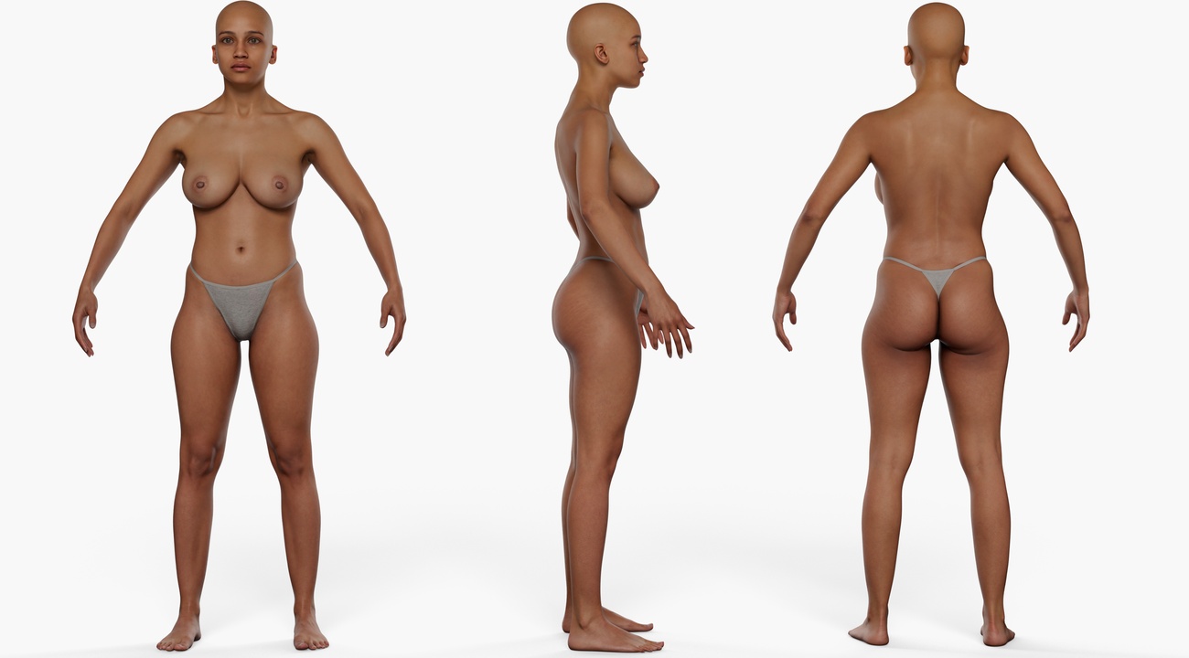 Full body 3D scan of an average-to-fuller-figured female with smooth skin tone, retopologised quad mesh model